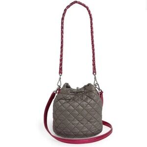 MZ Wallace Crosby Quilted Nylon Bucket Bag Ash Gray Magenta Chain Strap Travel